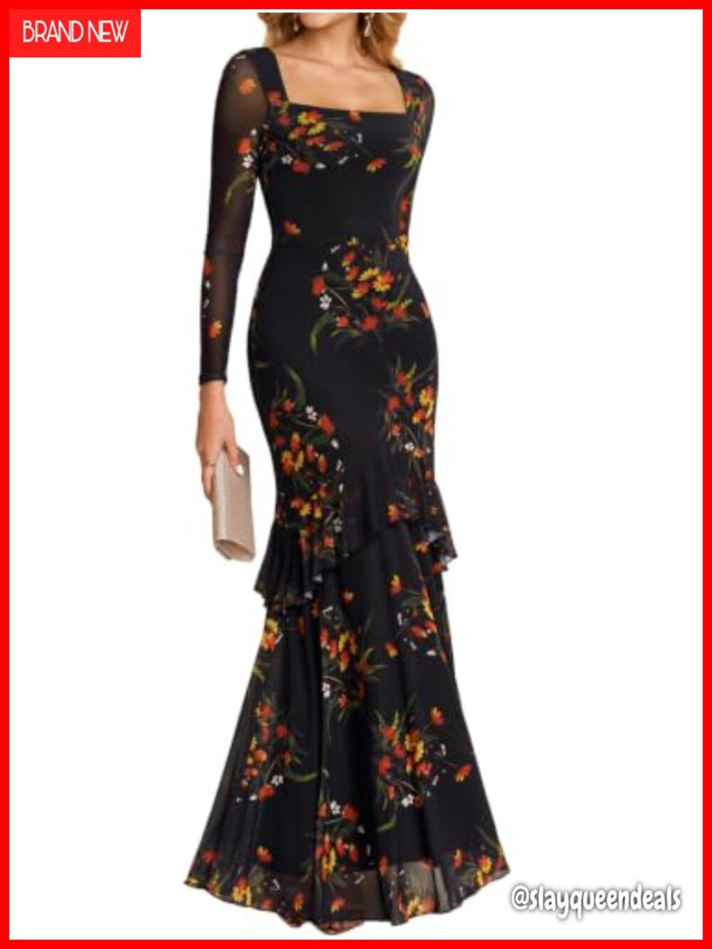 KUTUMAI Fall Floral Long Sleeve Maxi Wedding Guest Dress Stretch Mesh Formal